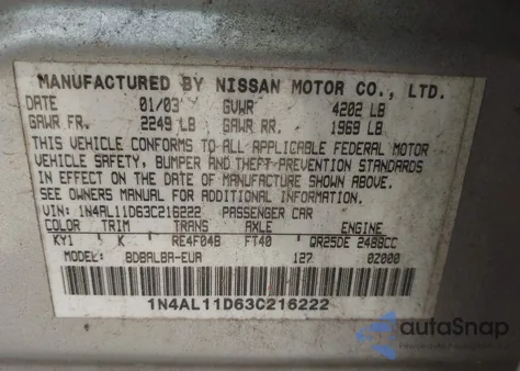 2003 Nissan Altima 2.5 S z USA, uszkodzony, nr VIN 1N4AL11D63C216222